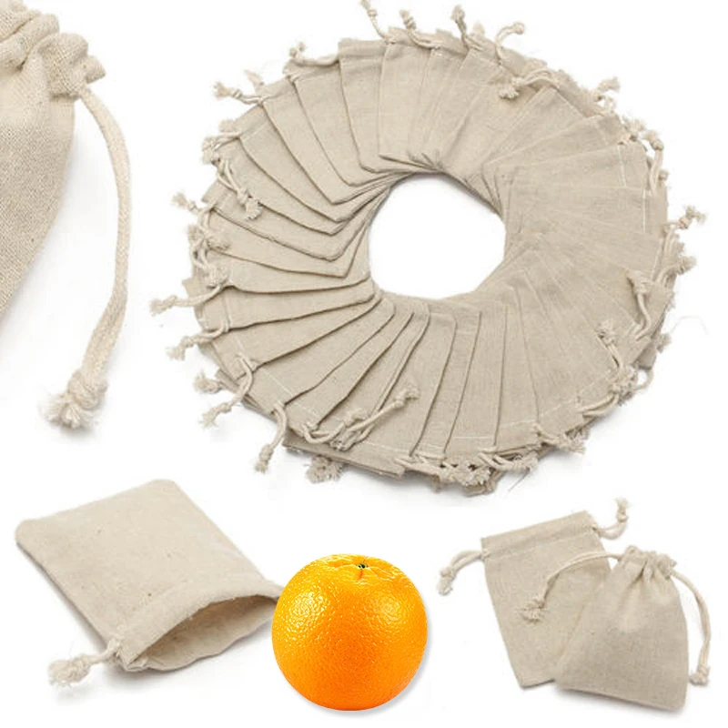 High Quality Natural Linen Gift Pouch Gift Bags With Cotton Drawstring- 50 Pcs