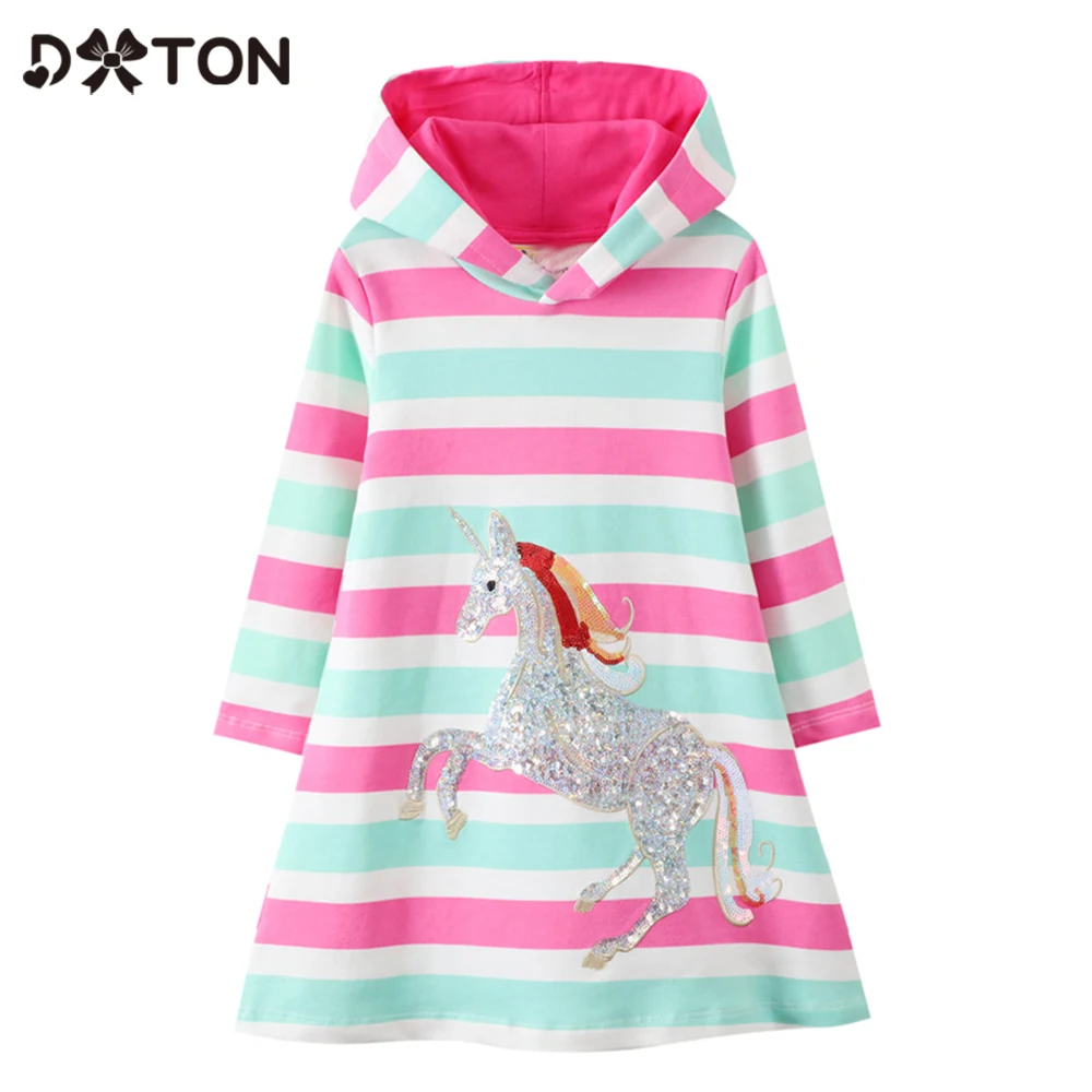 

DXTON Hooded Children Dresses Winter Girls Hoodied Dress Sequins Unicorn Kids Dresses For Girls Stripes Toddler Cotton Clothing