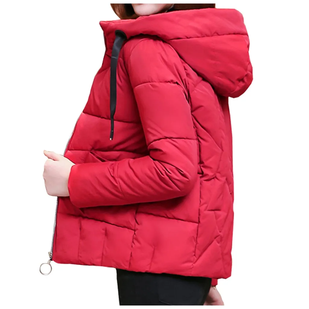 Зимнее теплое пальто с капюшоном, Женская однотонная короткая хлопковая куртка на молнии, верхняя одежда, стеганая куртка, женская одежда#911 - Цвет: RD