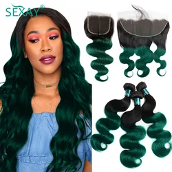 Sexay Green Ombre Bundles With Closure 10A Pre Colored Brazilian Body Wave Human Hair Weave 3 Bundles With 13x4 Lace Frontals
