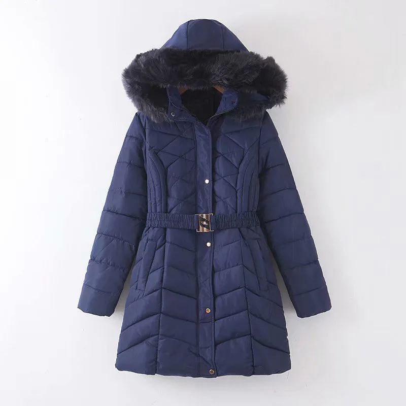 

F7885-Europe And America WOMEN'S Dress 2019 Winter New Style Long Fur Collar Elastic Waistband Hooded Cotton Overcoat Women's