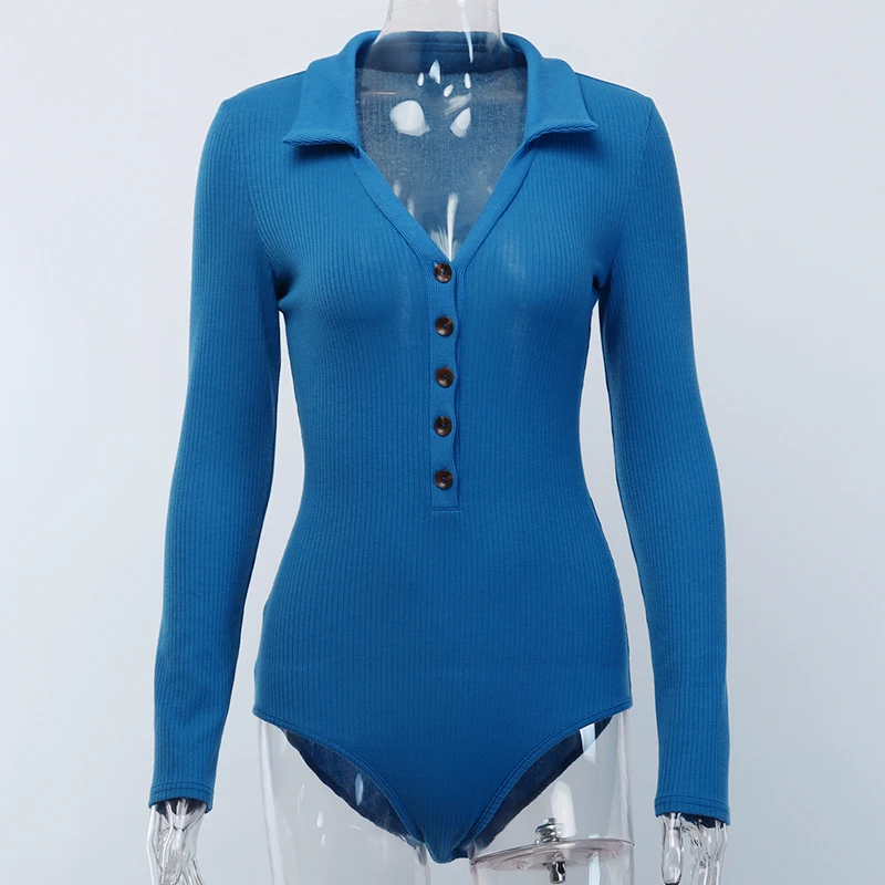 Синий Autumn Women Bodysuits Lapel Long Sleeve Solid Color Buttons Slim Bodysuit Casual Tops Blouse Sexy Ladies Jumpsuits - Цвет: Синий