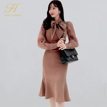 

H Han Queen Women 2019 New Winter 2 Pieces Set Bow Neck Elegant Shirts Tops & Solid Color V-neck Mermaid Bodycon Dress Work Wear