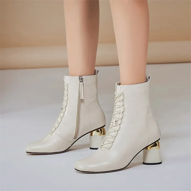 

PXELENA Large Size 34-43 Genuine Cow Leather Ankle Boots Women Round High Heels Autumn Winter Shoes Office Fashion Black Beige