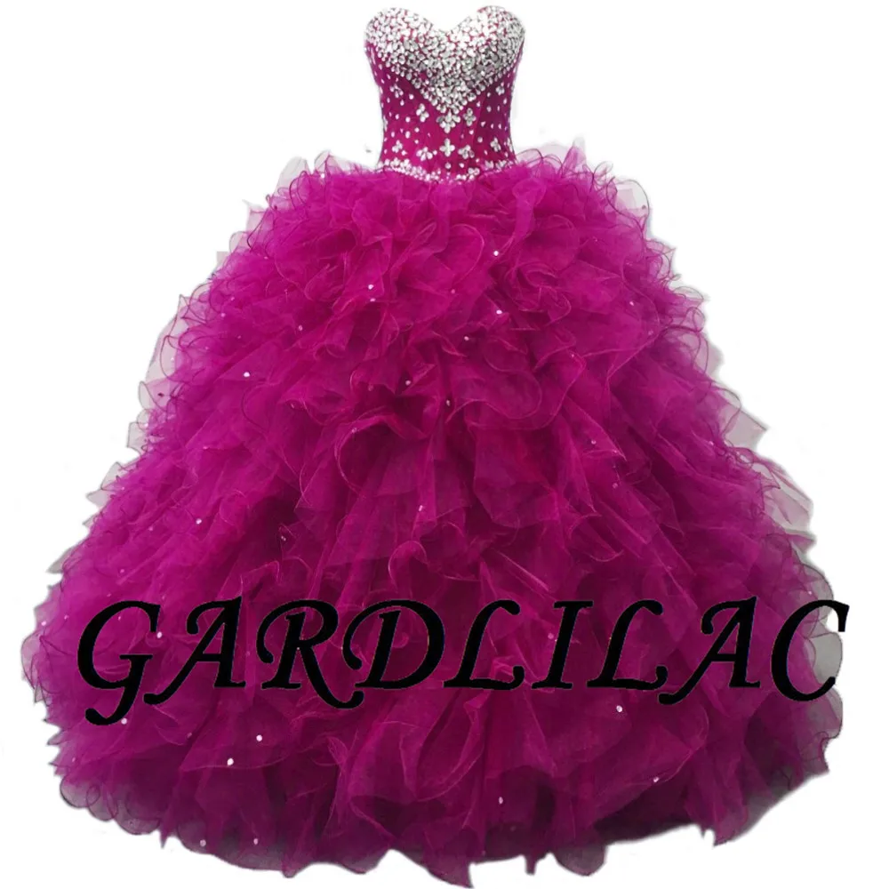 Fushia Красное платье Quinceanera Beadings Кристальный Тюль платья 15 лет Дебютант Милая шея Vestidos De 15 Anos - Цвет: Fushia