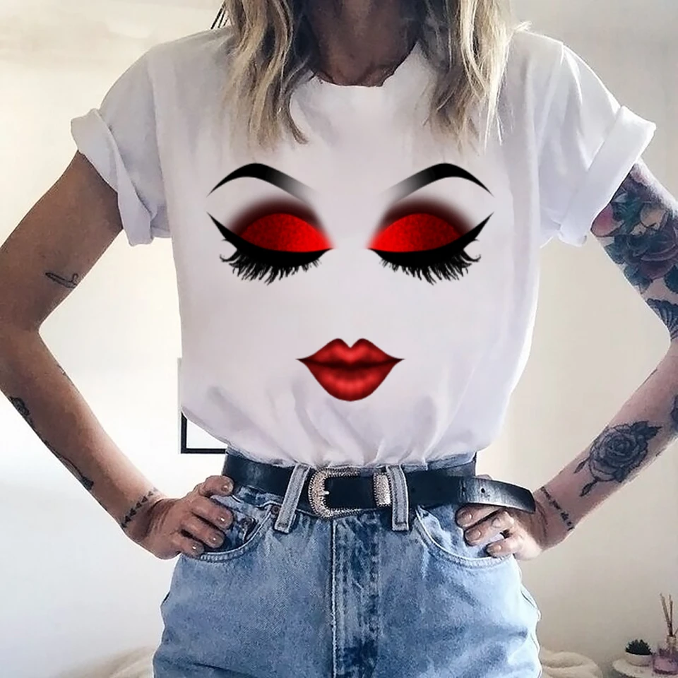 2020 nova moda harajuku camiseta feminina rosto maquiagem estampas  vermelhas camiseta do vintage camiseta dos desenhos animados personalizados  bonito meninas verão|Camisetas| - AliExpress