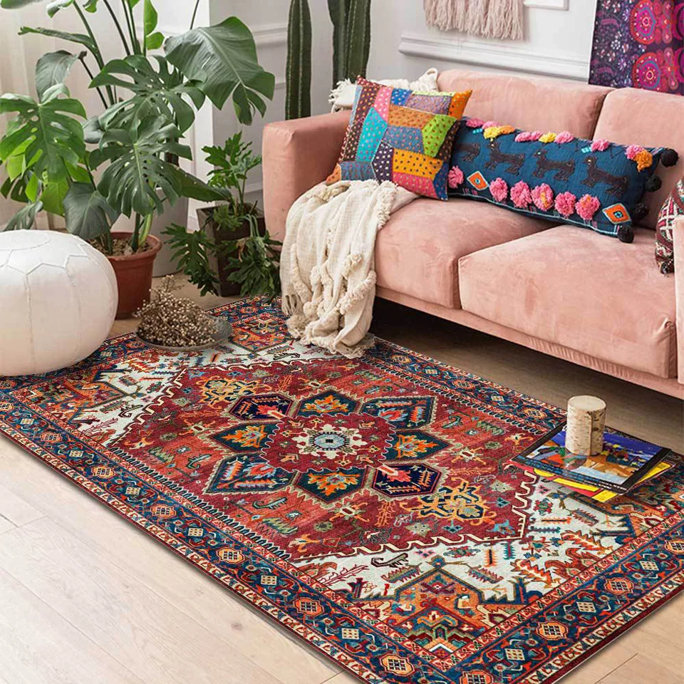 Carpets Fashion American Persian Carpet Retro Geometry Red Flower Design Living Room Bedroom
