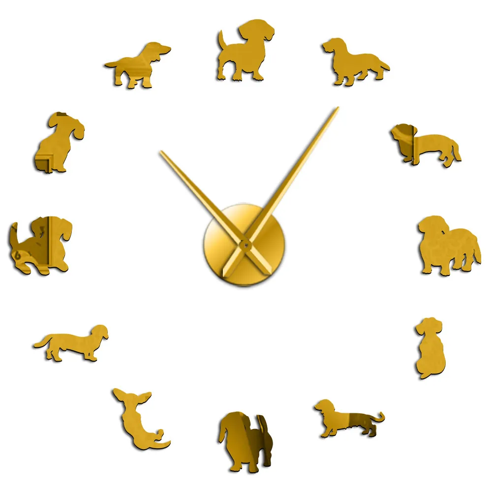 Gold DIY такса настенное искусство Wiener-Собака Щенок Домашнее животное бескаркасные гигантские настенные часы с зеркальным эффектом Колбаса Собака большие часы настенные часы - Цвет: Gold