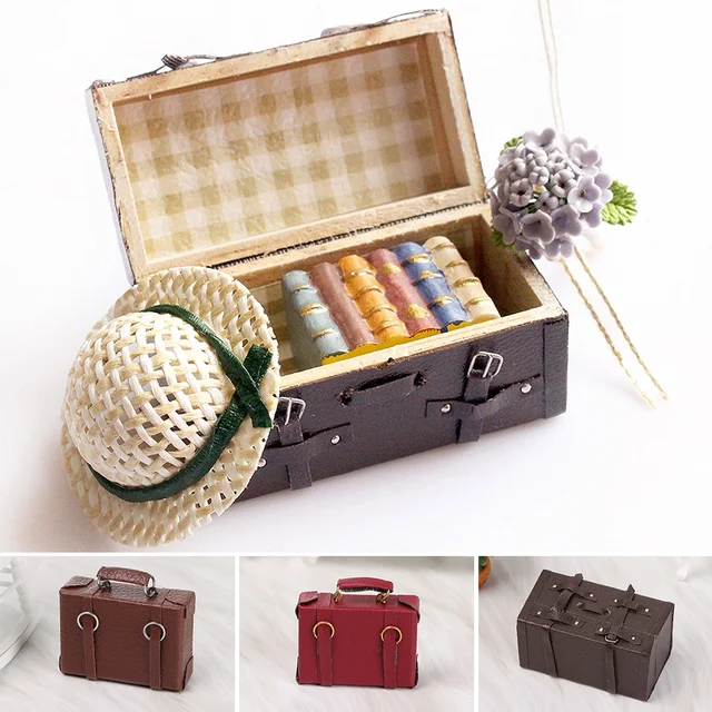 1pcs 1/12 Dollhouse Miniature Vintage Leather Wood Suitcase Mini Doll Luggage Box Pretend Play Furniture Toys Accessories 2