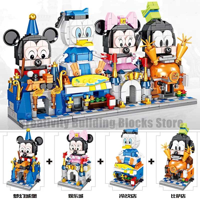 

2020 4pcs New Cartoon Mickey Minnie Store Street View Building Blocks Kit Bricks Classic Movie Model Kids Toys For Children Gift