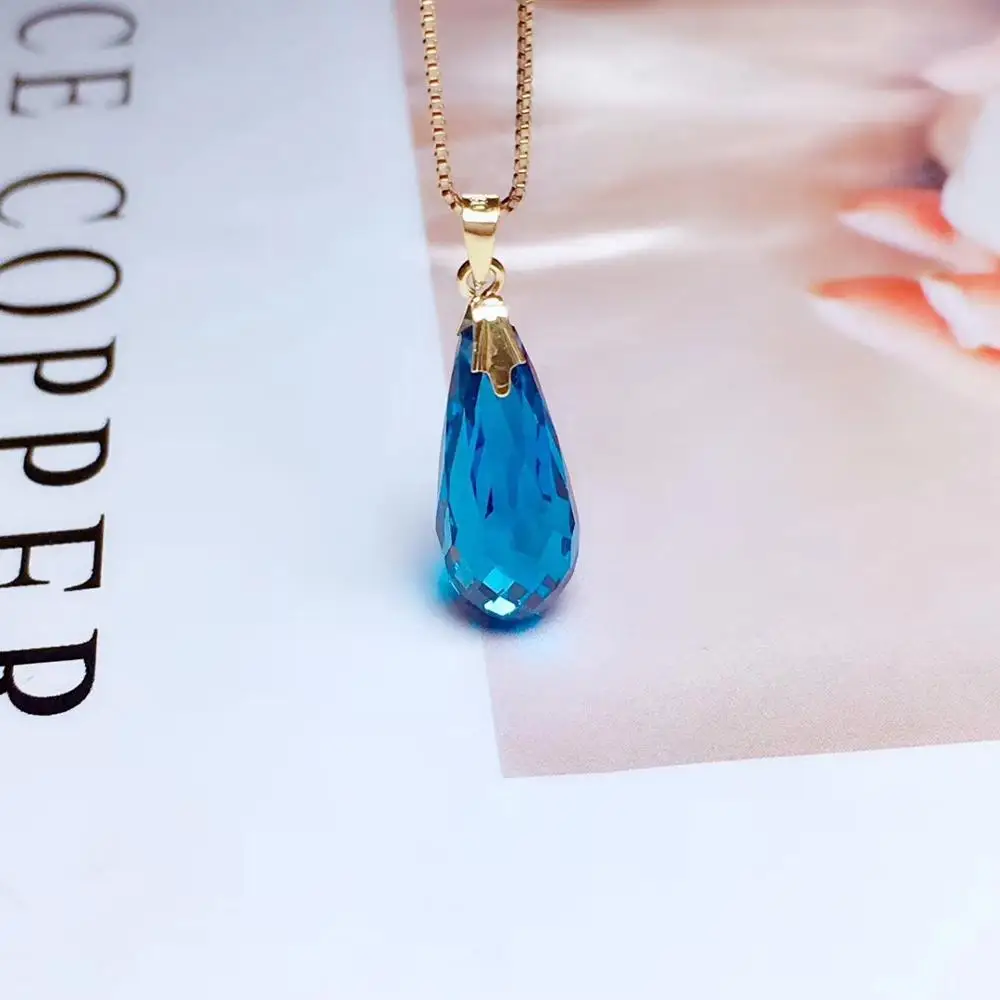 Elegant simple water drop natural blue topaz gem Pendant natural gemstone pendant 18k yellow gold Women girl party gift jewelery