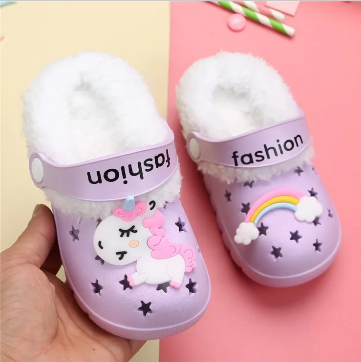 Kitty Snow White Girl Winter Clogs Warm Fur Children's Indoor Shoes Home Hole Mules Navy Cute Pins Sandal EVA Flat Boy Shoes - Цвет: pony Mary