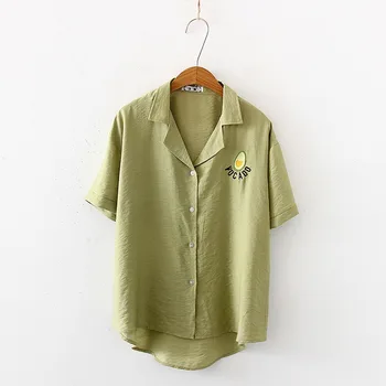 

Women Short Sleeve Loose Blouse Embroidery Chiffon Blouse Turn-down Collar Casual Shirt