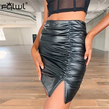 

FQLWL Faux Pu Leather Pleated Skirts Womens Split Black Sexy Mini Skirts Pencil Autumn Short Wrap Ladies High Waist Skirt Female