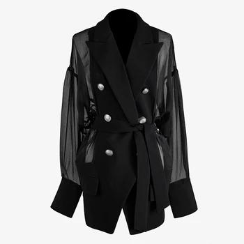 

Blazer Women Black Mesh Stitch Double Breasted Blazer New Lapel Long Sleeve Loose Fit Jacket Fashion Spring Autumn 2020