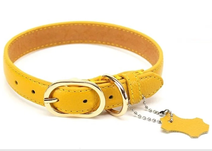 yellow Ошейник из натуральной кожи для питомца собаки милый однотонный ошейник из чистой кожи для собаки кошки аксессуары для домашних животных - Цвет: yellow