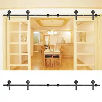 

12FT Barn Door Hanging Rail Double Door Splicing Round Wheel Carbon Steel Sliding Door Track Kit Barn Door System Slide Kit