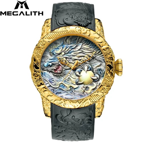 Автоматические механические часы MEGALITH Gold Dragon sculpture для мужчин, водонепроницаемые наручные часы с силиконовым ремешком Relojes Hombre 8041 - Цвет: gold