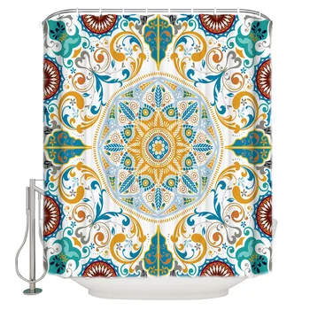 

European Pattern Mandala Flowers Shower Curtain Decor with Hooks Waterproof
