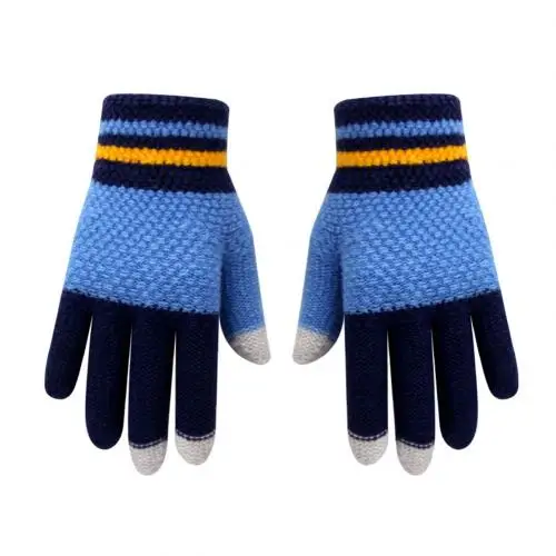 Dark Blue Navy Blue Зимние детские вязаные перчатки унисекс в полоску на весь палец с сенсорным экраном, теплые плотные варежки, рождественские подарки, уги женски из мультфильма pati eldiven - Цвет: Dark Blue Navy Blue