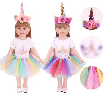 

18 inch Girls doll Unicorn suit handmade rainbow lace skirt with shoes American newborn dress Baby toys fit 43 cm baby doll c746