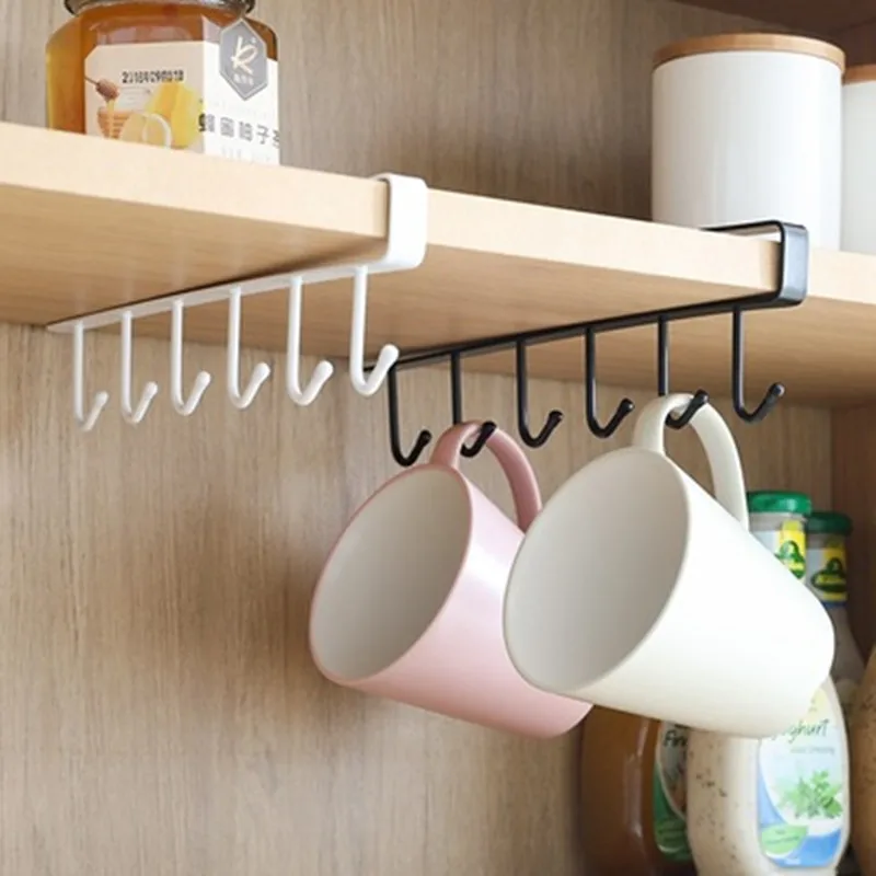 6 Hooks Cup Holder Hang Kitchen Cabinet Under Shelf Storage Rack Organiser Hook