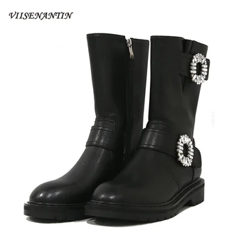 

Autumn Winter New Style Round Toe Side Zipper Flat Boots Flower Rhinestone Mid-calf Boots Handsome Women Motorcycle Boots