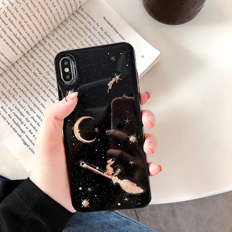 Блестящий чехол для телефона серии Universe для iphone XS Max, чехол для iphone X, XR, 8, 7, 6 S, 6 Plus, чехол с изображением Луны, звезды, планеты, чехол s capa - Цвет: Black magic cat