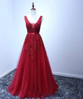 winered Популярное Элегантное Длинное Вечернее платье из тюля с v-образным вырезом без рукавов, простое ТРАПЕЦИЕВИДНОЕ кружевное платье с аппликацией, официальное вечернее платье - Цвет: winered