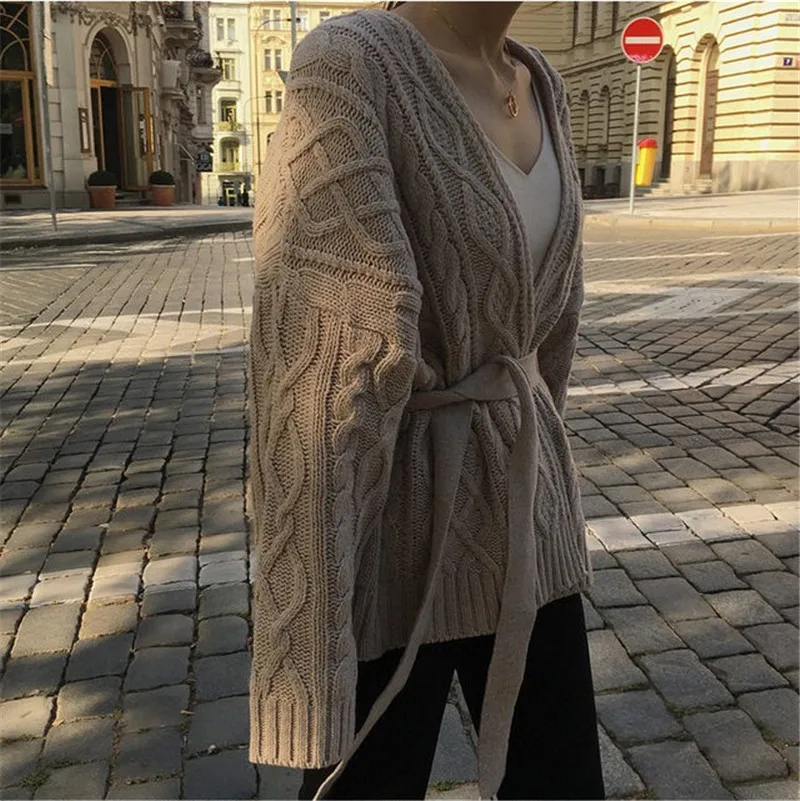 RUGOD элегантный пояс твист кардиган для женщин Мода корейский Винтаж v образным вырезом с длинным рукавом вязаное пальто свитер для весны