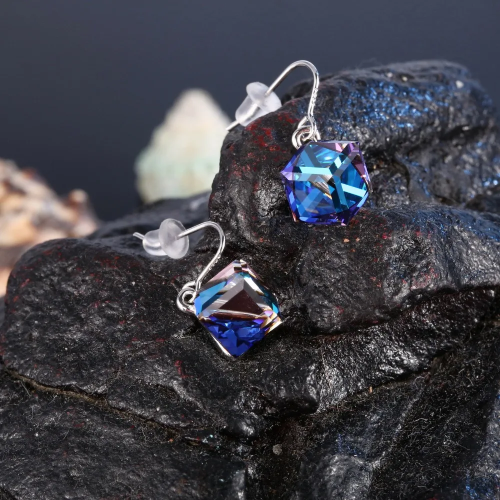 Женские серьги подвески с кристаллом Swarovski из серебра 925 пробы квадратным кубом
