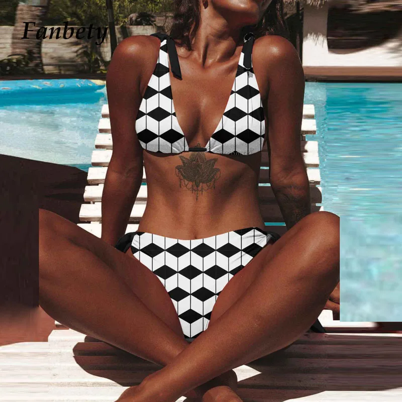 Yaz eşkenar dörtgen baskı kadın Bikini mayo seksi Push Up dize Bikini seti mayo brezilyalı dantel-up Biquini mayo Mujer