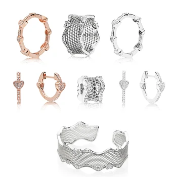 

High Quality 925 Sterling Silver Classic Vintage Rose Gold Shiny Crystal Earrings , Love Heart Lace Bracelet Fashion Jewelry