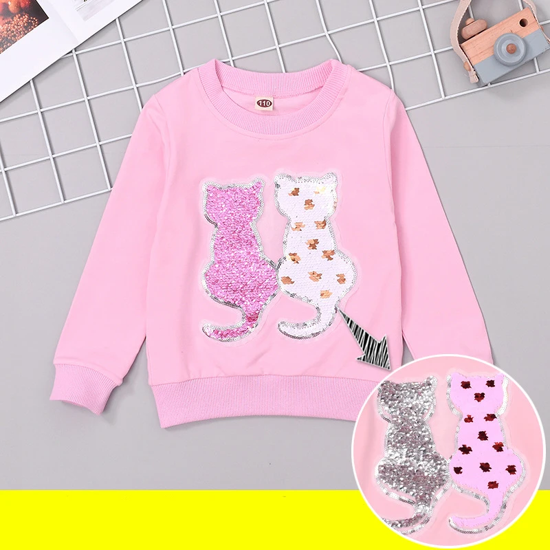 Cartoon Sequins Cat Sweatshirt Kids Girls Spring Children Cotton Long Sleeve Tshirts Fashion Cute Tops Toddler Clothes New