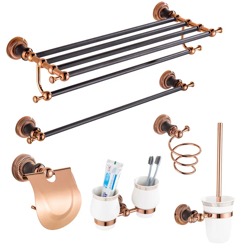 

Rose Gold European Style Towel Rack Set Black Patina Towel Rack Bathroom Vintage Storage Shelf Bathroom Hook Unit