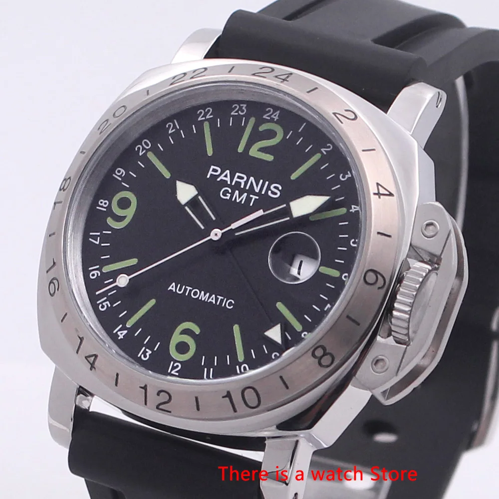 

Parnis 44mm GMT Watch Men Black Dial Automatic Mechanical Movement Watch Stainless Steel Case Rubber Strap Luminous Wristwatch