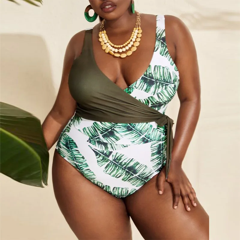 Plus Size Bikini One Piece Swimsuit For Women Patchwork Push Up Swimwear High Quality Female Monokini Leaves Print Bodysuit Beac | Спорт и