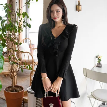 

2020 Solid Ladies Flare Long Sleeve A Line Dress Women Corset Ruffle Mini Sweater Knitted Dress Spring Casual New Year Dress