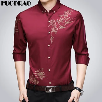 

Spring Long Sleeve Casual Men Shirt Button Lapel Dress Shirts Slim Fit Flower Print Camisa Masculina Streetwear E038