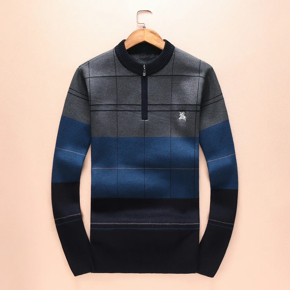 

Autumn and winter new cashmere sweater men's fashion zipper lattice print Plaid O-Neck Full Pullovers men clothes tops
