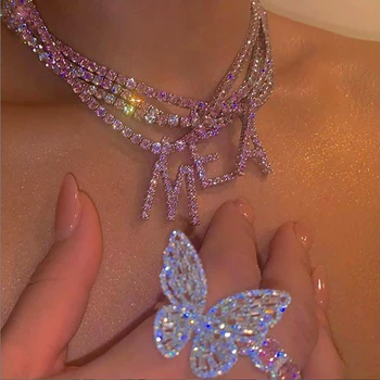 

Pink letter Rock hip hop bling jewelry iced out cz Alphabet pendant AAA CZ Name CZ tennis chain Initial Necklace 2020 new style