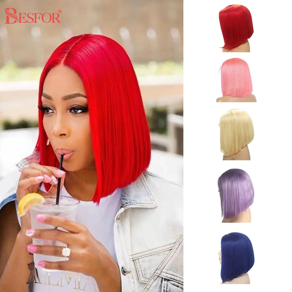 Red Bob Wig Human Hair Full Machine Wigs Non-Lace Middle Part Straight Short Blunt Cut 180% Density Besfor