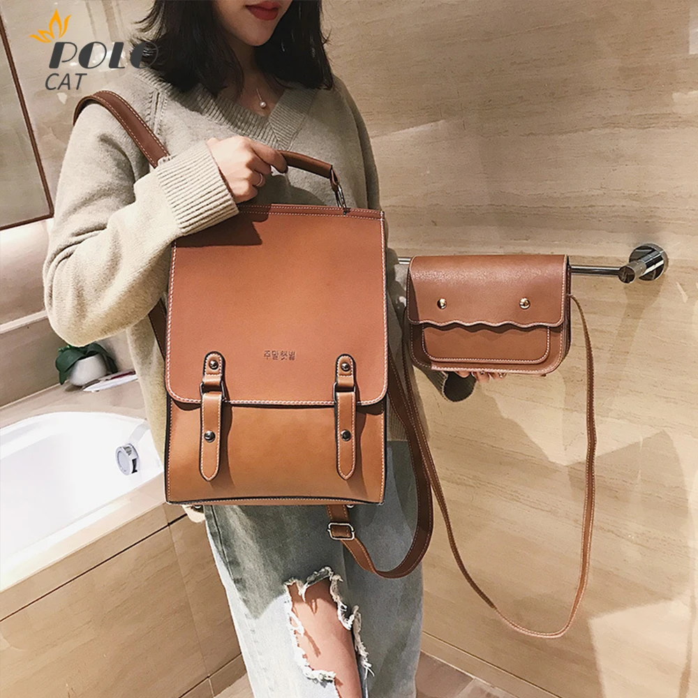 

Fashion Backpack Women 2pcs Set Backpacks PU Leather School Bag for Girls Casual Style Retro Vintage Backpacks Shoulder Bags