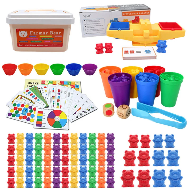 

Kids Montessori Set Toy Boxed Balance Scales Rainbow Stack Cup Counting Bear Color Weight Sensory Training Math Educational Toys