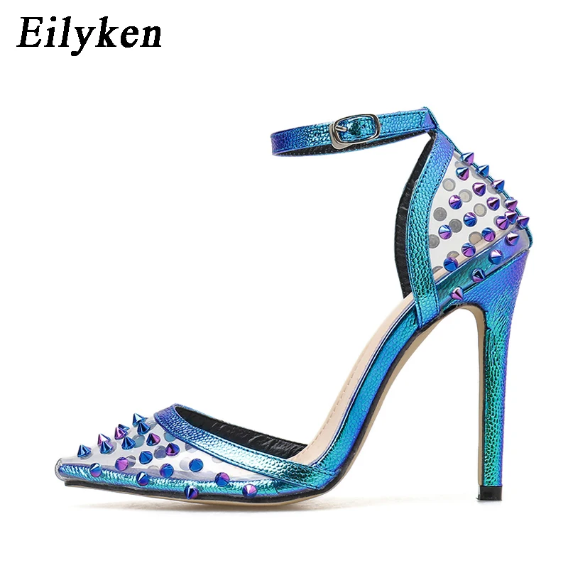 EilyKen/Элегантные Синие женские туфли-лодочки на высоком каблуке свадебные туфли с острым носком вечерние женские туфли-лодочки с заклепками и ремешком с пряжкой - Цвет: Blue