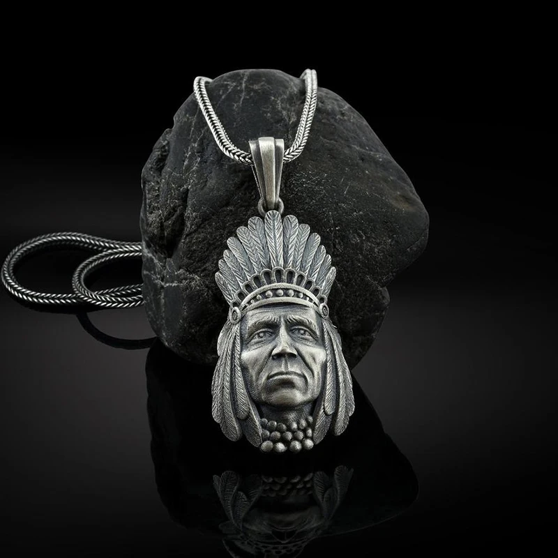 Indian Warrior Pendant Necklace men ethnic retro Jewelry on the neck Chief Stereo Man chain necklace accessories | Украшения и