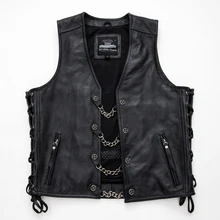 Мужская Черная мотоциклетная жилетка из натуральной воловьей кожи, облегающая мужская Кожаная Байкерская жилетка S-XXXL