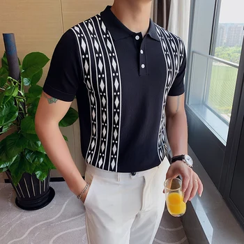 

Knitted Polo Shirt Contrast Color Men Fashion Short Sleeved Polo Shirt British Men Summer Polo Shirts Camiseta Verano Hombre