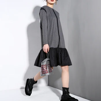 

Spring Autumn 2020 Women New Round Neck Long Sleeve Gray Dress Ruffles Patchwork Loose Fit Dress Fashion Tide Big Size