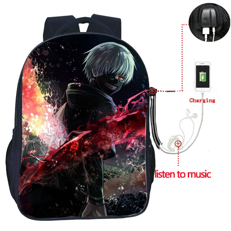11 Лидер продаж одежда с надписью «Tokyo Ghoul USB заряд рюкзак модные зарядка через usb Дорожная сумка на плечо, для студентов, для мальчиков и девочек подростков Mochila школьный рюкзак - Цвет: 11